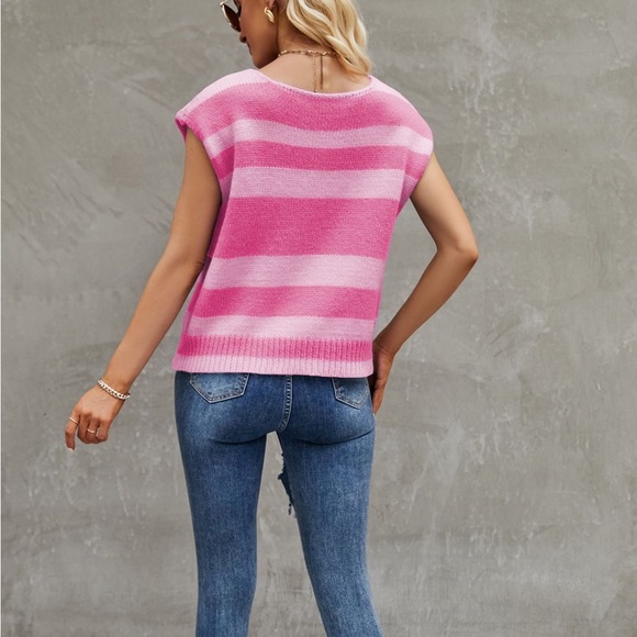 STRIPED ROUND NECK CAP SLEEVE KNIT TOP - Picture 2 of 3